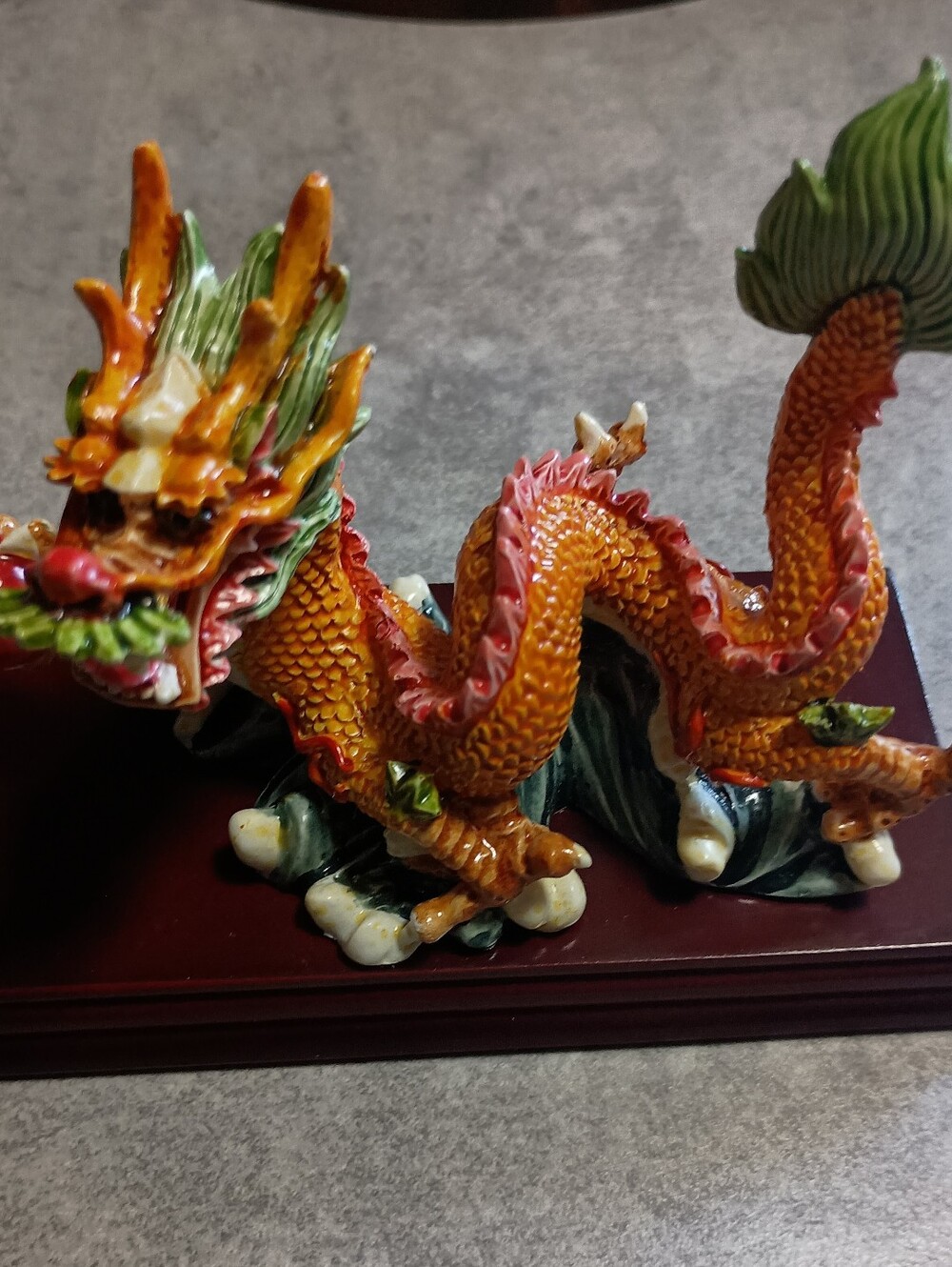 Feng Shui Orange Resin Dragon Figurine with Green Accents